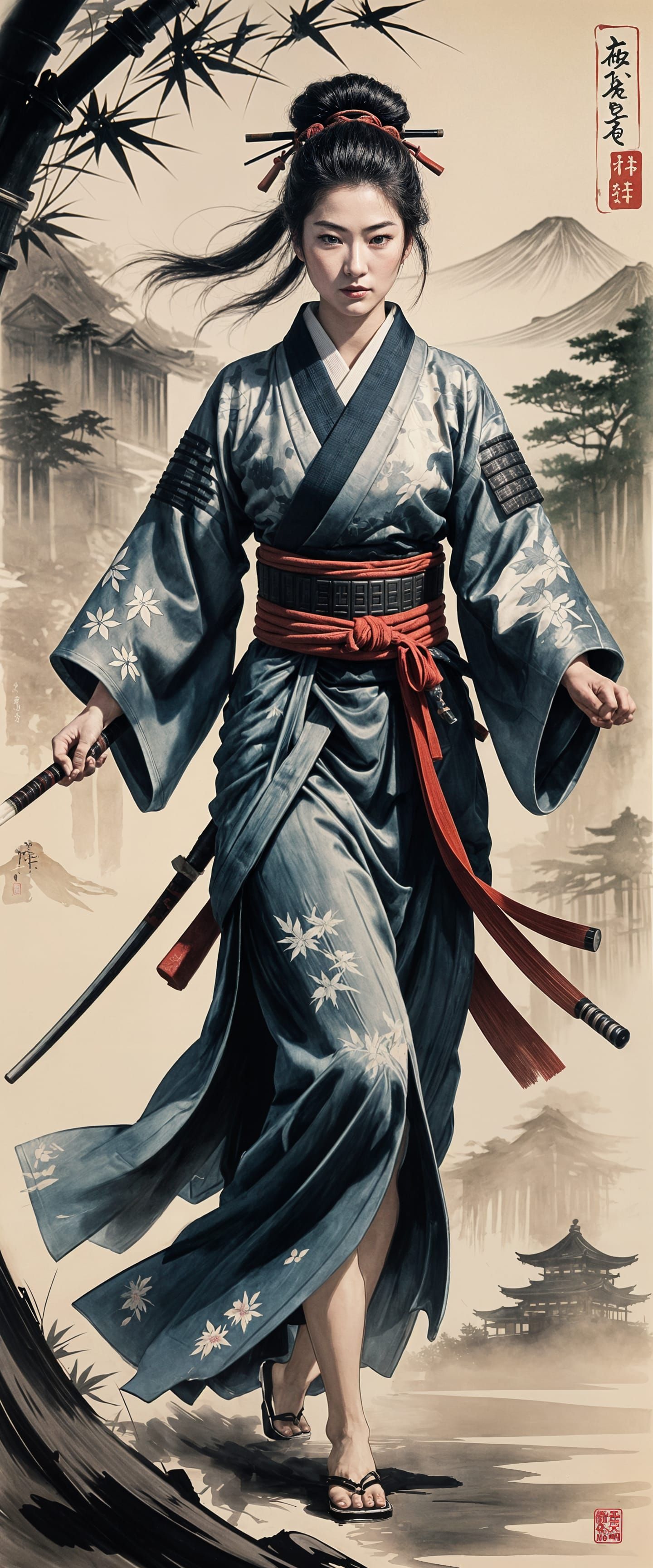 Female Samurai in Dynamic Sword Draw, Sumi-e Style