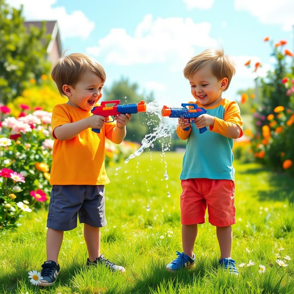 Boys' Summer Water Fight in Surrealist Style
