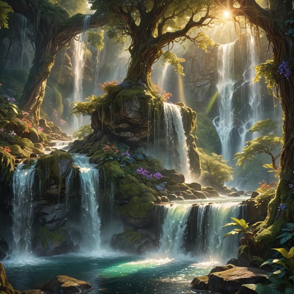 Ethereal Elven Kingdom Waterfall in Hyperrealistic Style