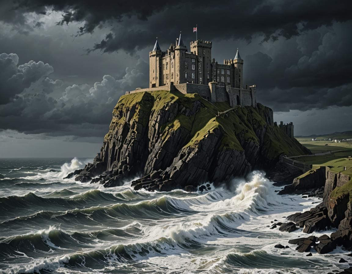 Dramatic British Castle Overlooking Raging Atlantic Ocean