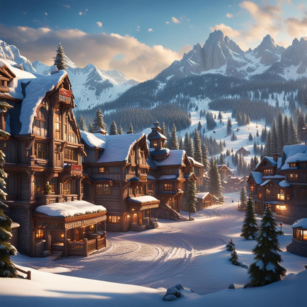 Detailed Matte Painting of a Ski Resort