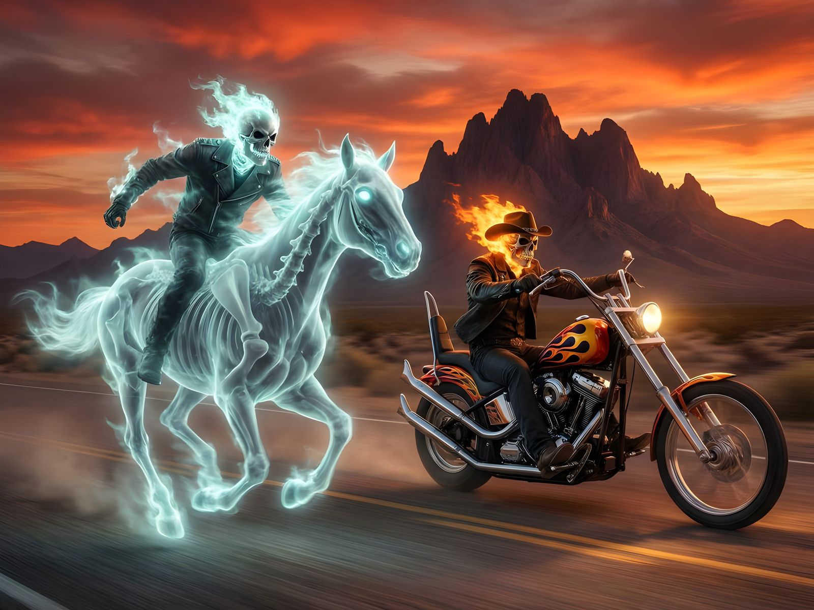 Ghost Riders Race on Route 66 at Fiery Sunset