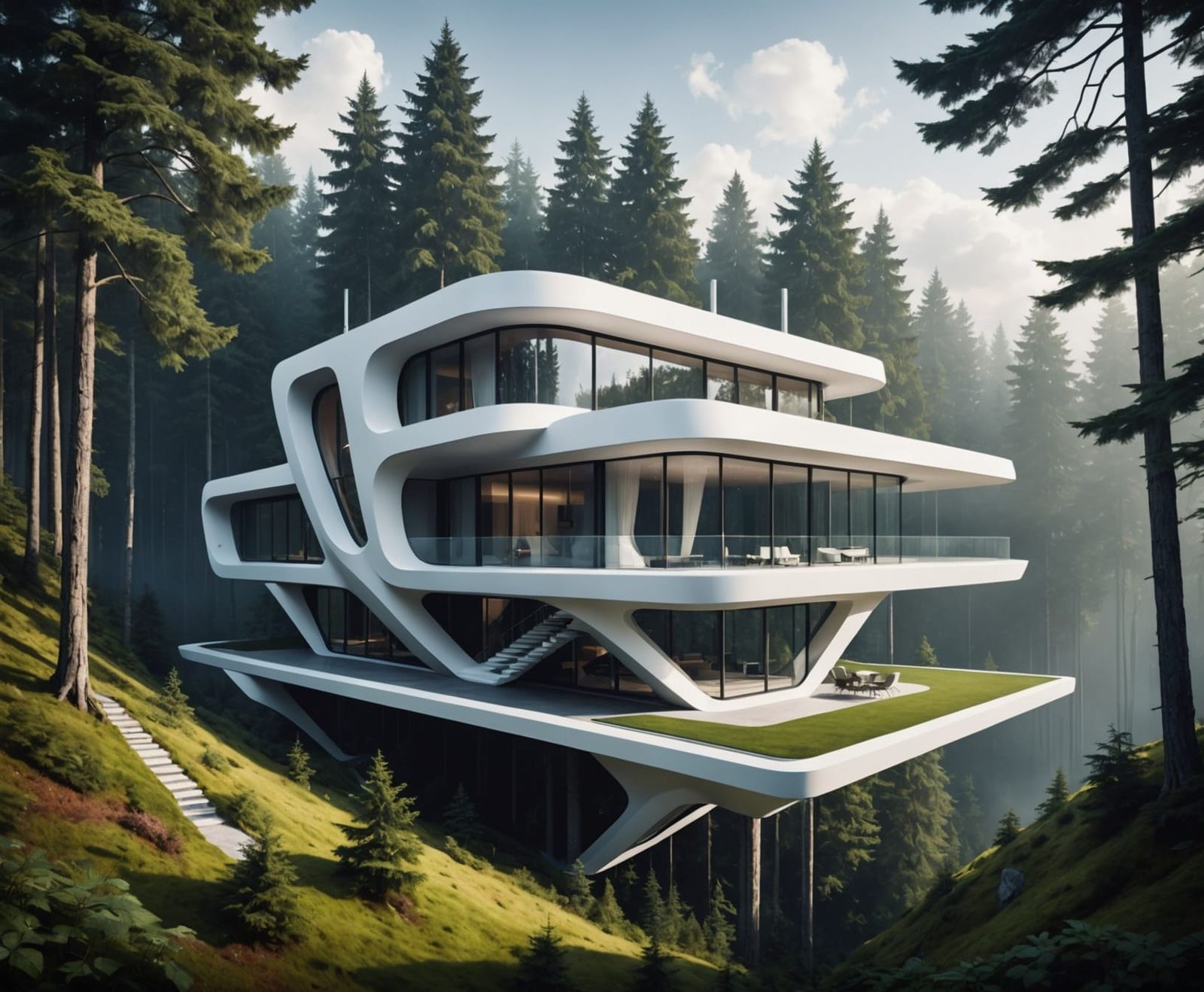 Modern House Suspended in Forest, Photorealistic Architectur...