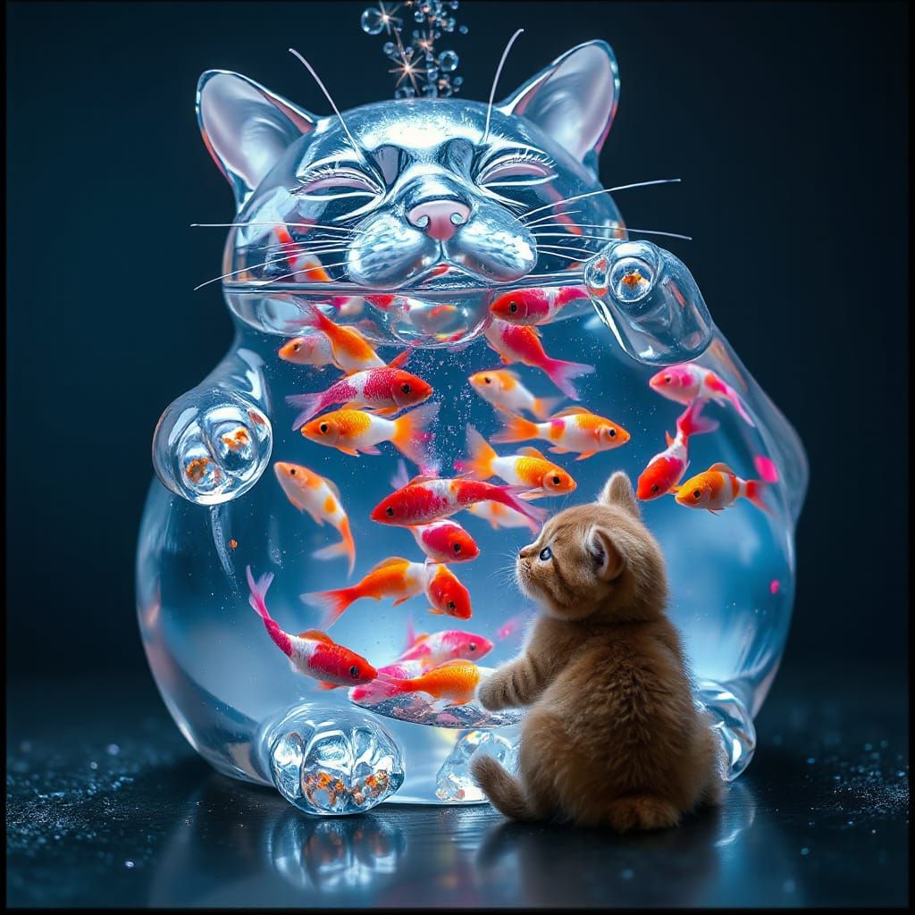 Mystical Crystal Cat Aquarium With Neon Fish and Kitten