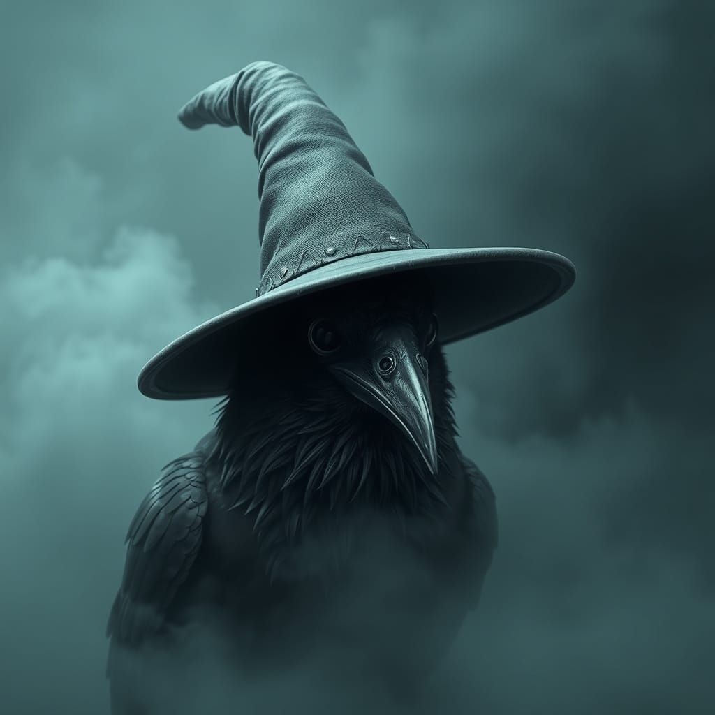 Raven in Witch Hat: Dark Fantasy 3D Rendering