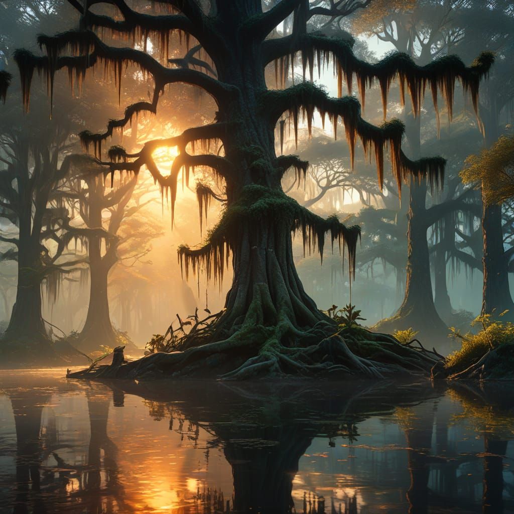 Mystical Caddo Lake Sunrise in Vibrant Hyper-Realism