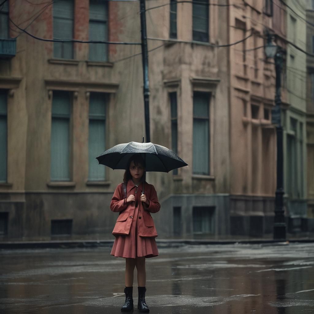 Helpless Girl in Stormy Street: Cinematic Film Still