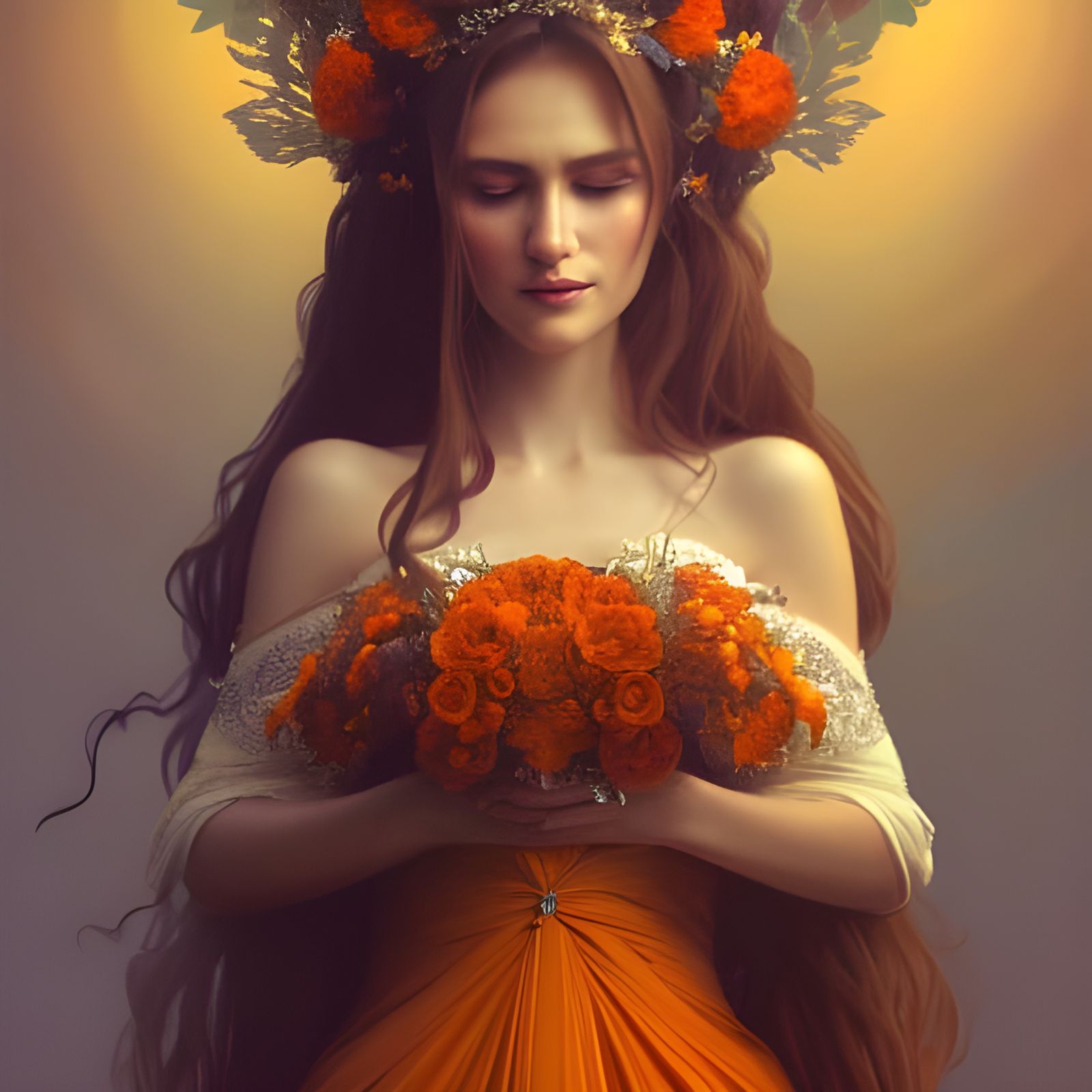 Beautiful Bride in Orange Wedding Dress, Hyperdetailed Art