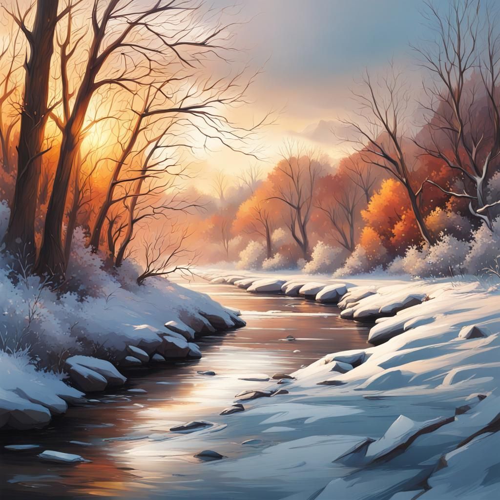Hyperrealistic Winter Riverscape in Splash Art Style