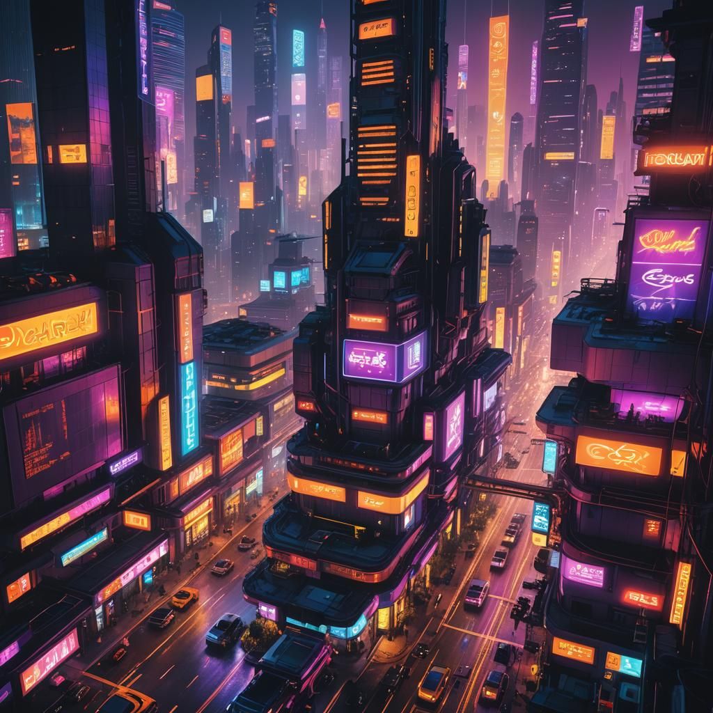 Cyberpunk Cityscape with Flying Cars in Neon Lights