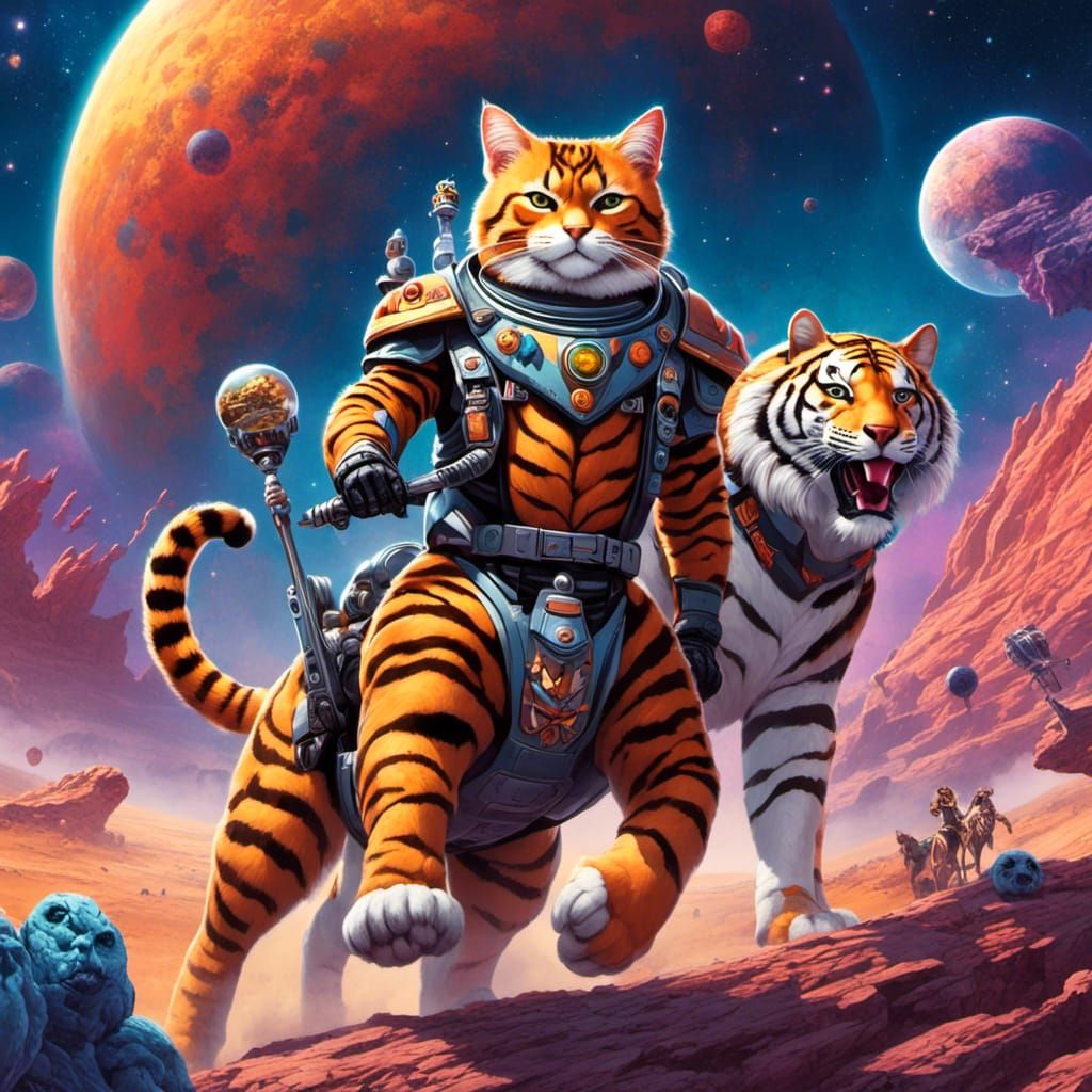 <lora:DDM4:1.0> An anthropomorphic racing  cat  knight wearing a spacesuit ,  holding a trophy, riding a huge   tiger  o...
