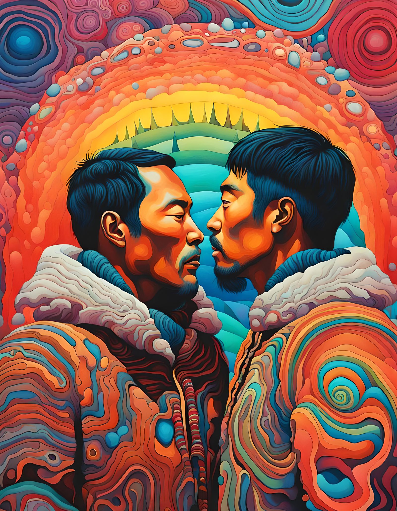 A psychedelic setting with a two Inuit gay men embracing abs...