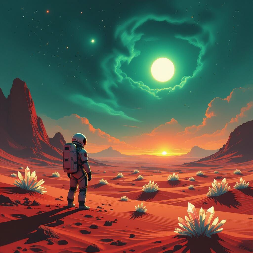 Astronaut Gazes at Binary Sunset on Alien Planet