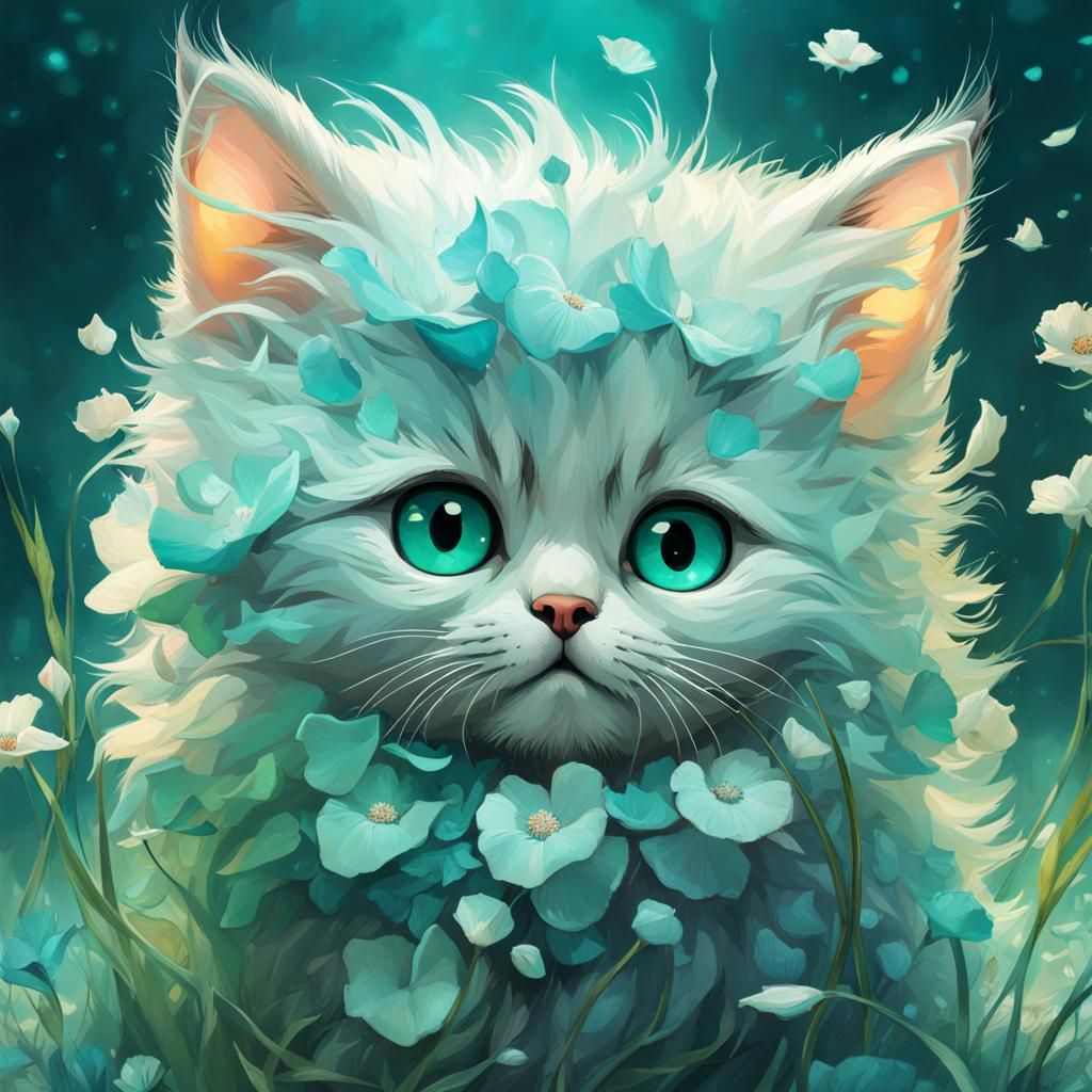Cute Cat with Flowers in Digital Art Style