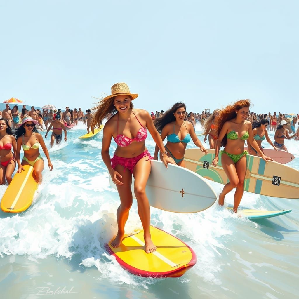 Energetic Beach Scene with Surfers in Summer Style