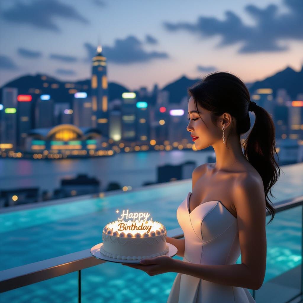 Woman with Birthday Cake on Hong Kong Rooftop at Sunset