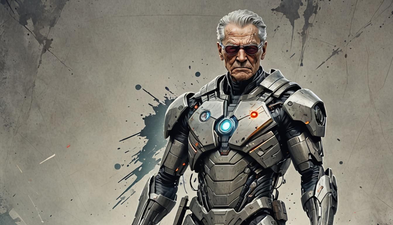Elderly Tech Superhero in Futuristic Cityscape