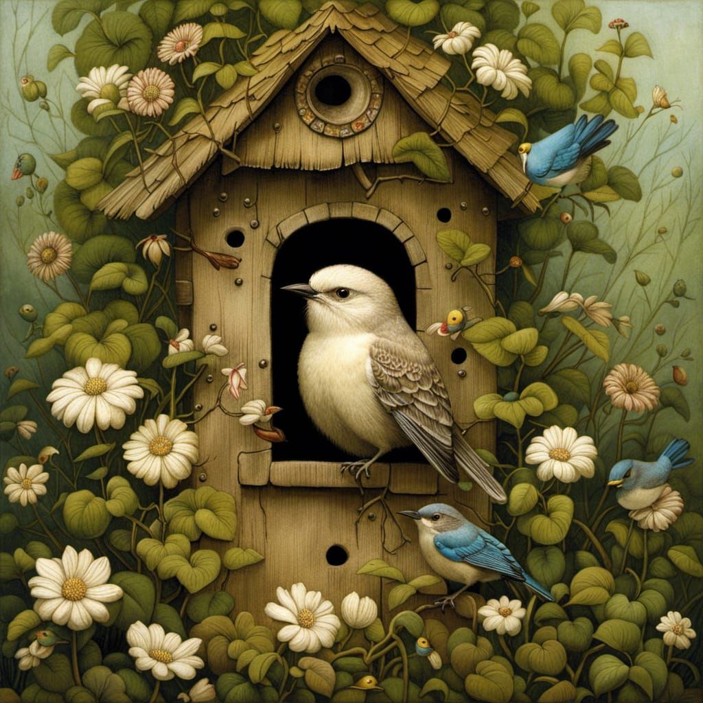 Bird Song in Lush Fantasy Garden Illustration