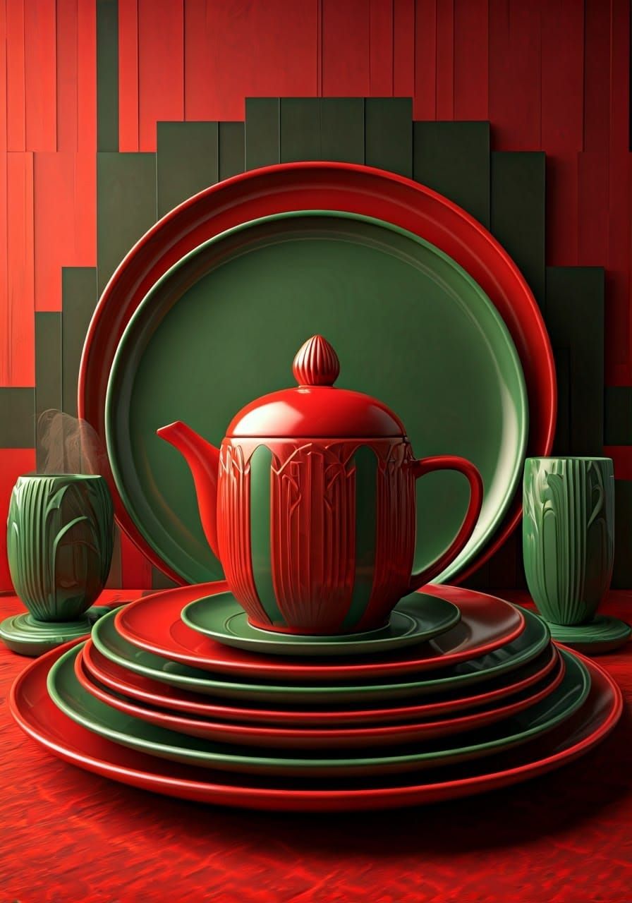 Advertising display of red and green Art Deco Christmas cera...