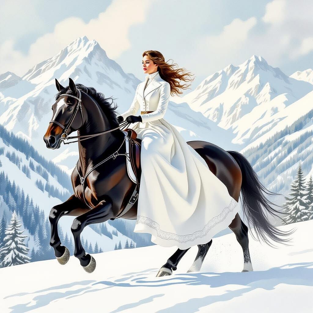 Woman on Horseback in Alps, Watercolor Style
