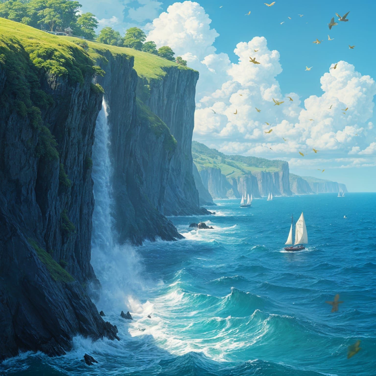 Serene Coastal Scene in Studio Ghibli Style