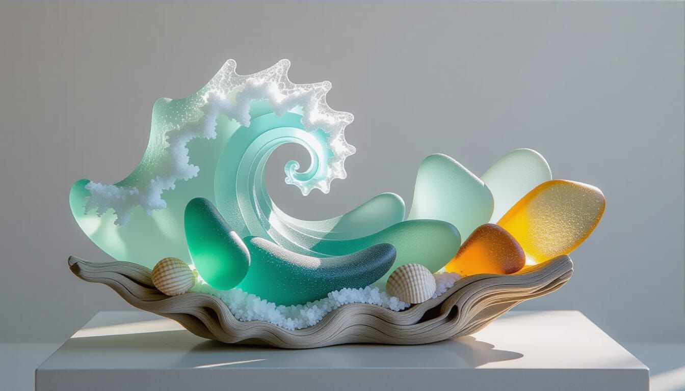 Sea Glass Sculpture: Frosted Wave on Pedestal