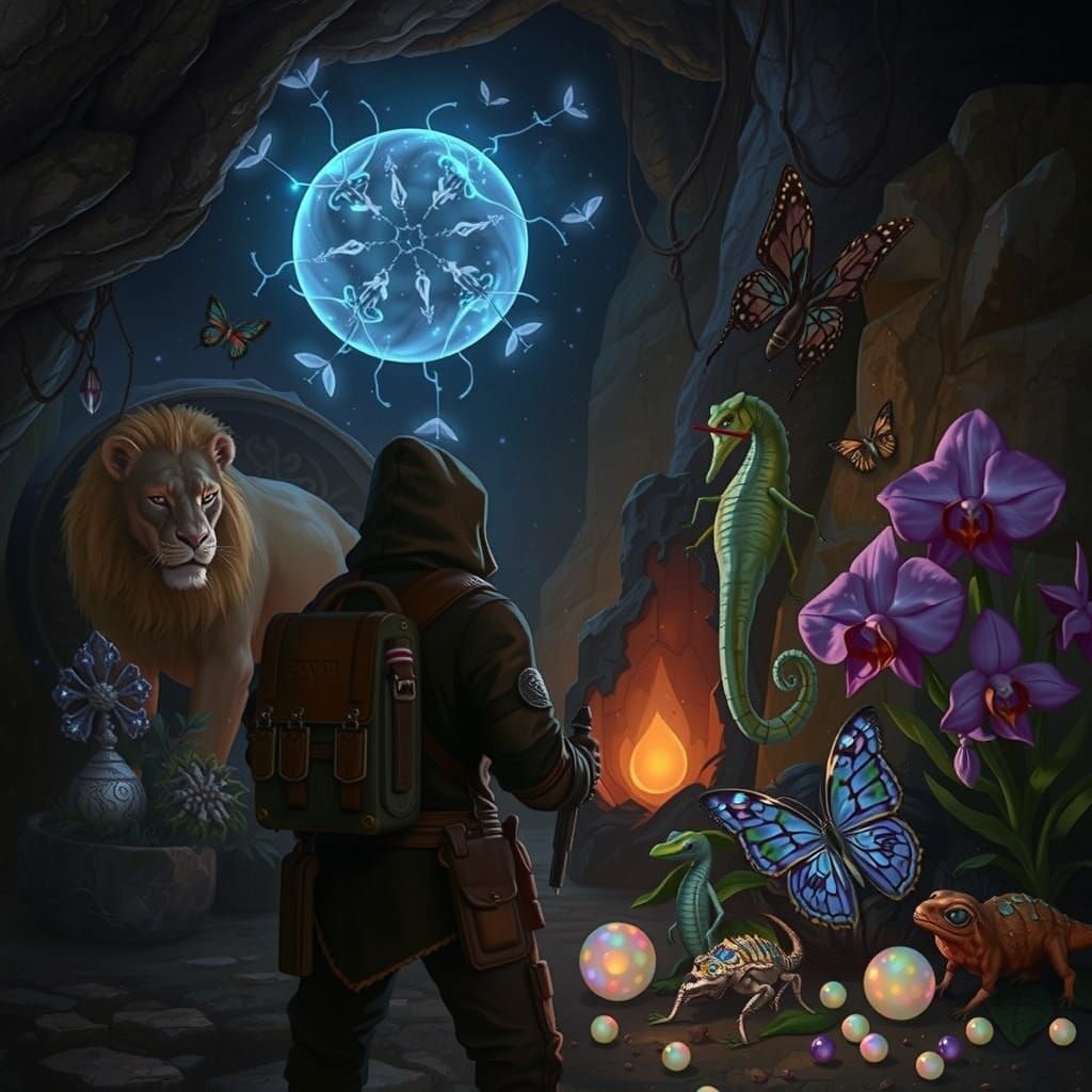 Adventurer in Luminous Crystal Cavern with Mythical Creature...