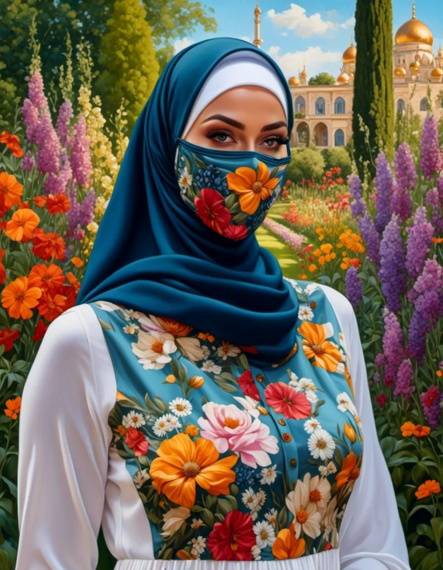 Woman in Hijab and Mask in Flower Garden