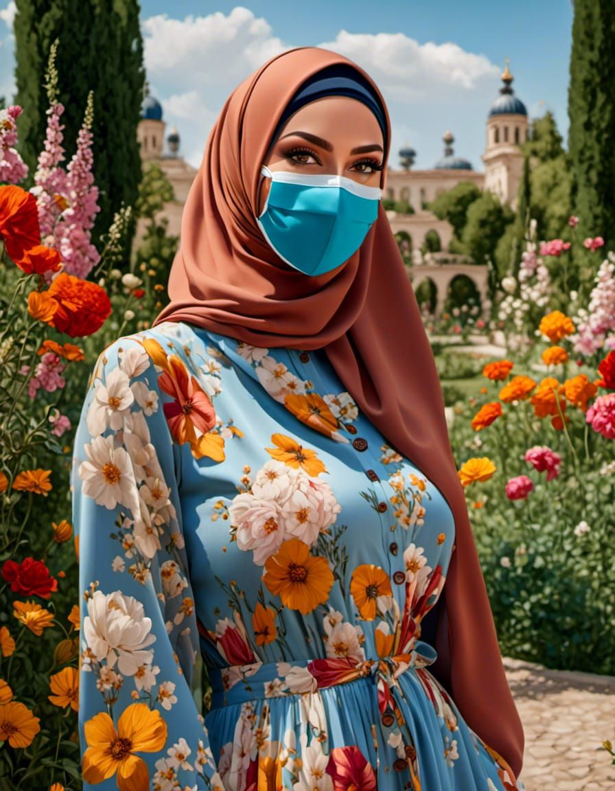 Woman in Hijab and Mask in Flower Garden