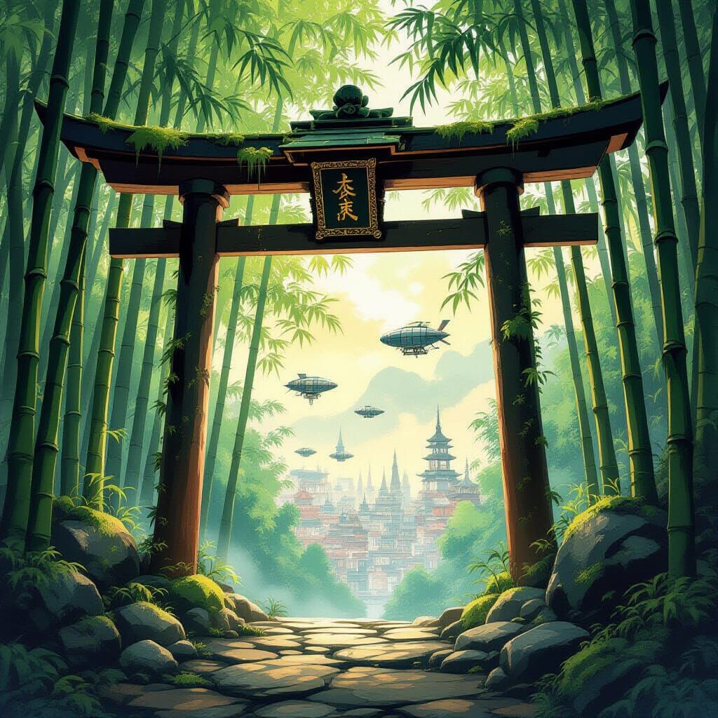 Ancient Archway to Steampunk City in Bamboo Forest