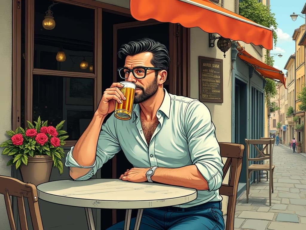 Man at Cafe: 1950s Comic Book Illustration