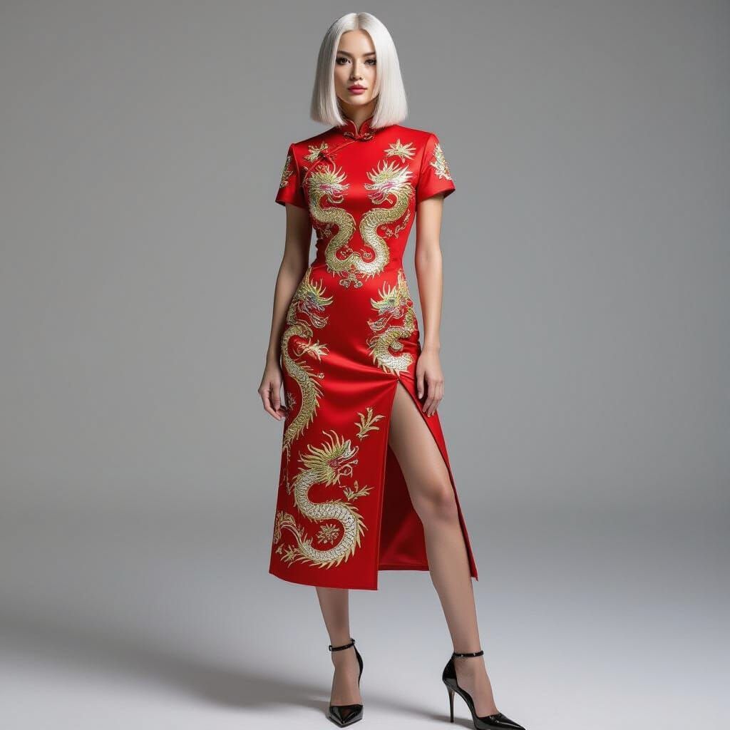 Woman in Red Dragon Qipao and Stilettos