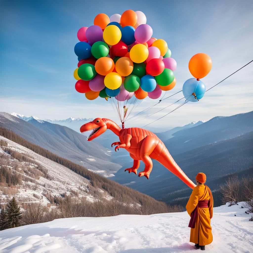 Dinosaur Balloon Over Snowy Mountains