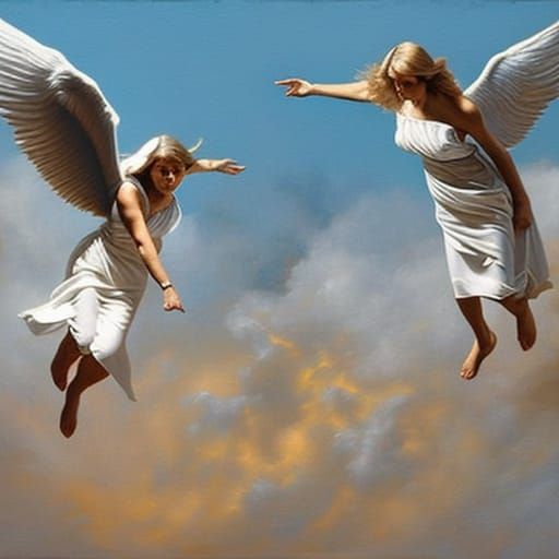3 photo realistic angels floating in space with their wings spread and arms held out, oil painting by James Gurney