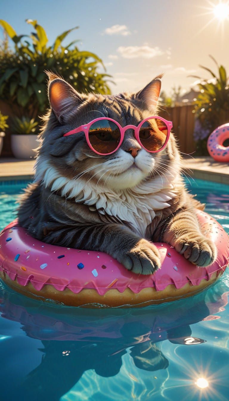 Chubby Cat in Sunglasses Lounges on Doughnut Float in Pool