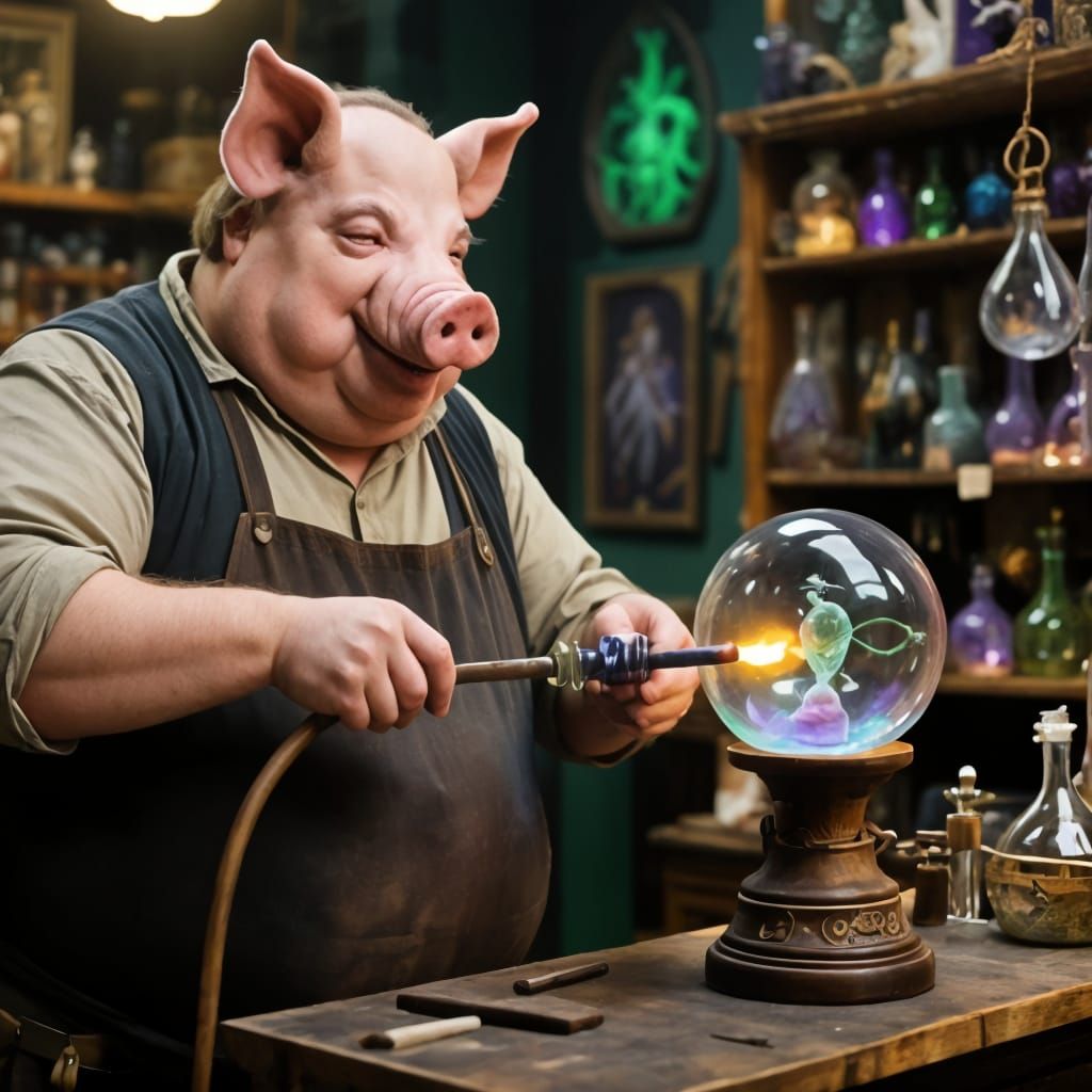 Pig Headed Man Glass Blows Fortune Telling Globe