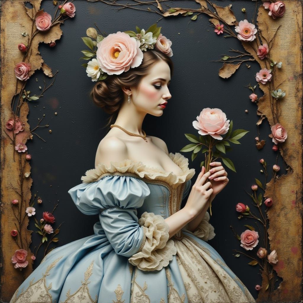 18th Century Woman in Blue Rococo Dress with Peonies