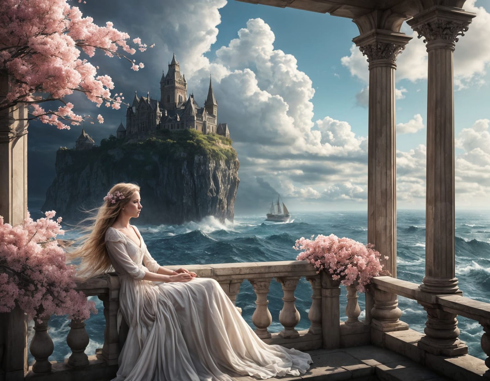 Ethereal Woman on Balcony in High-Fantasy Style