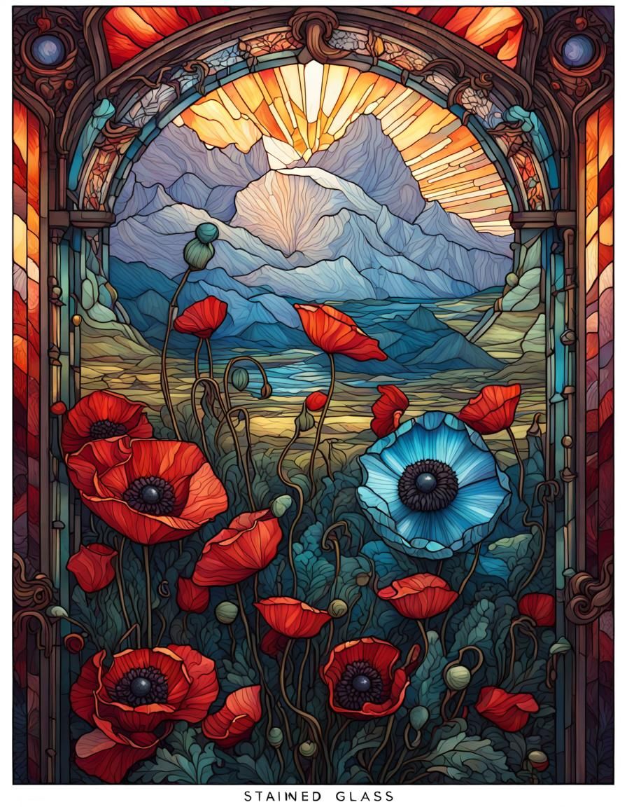 Stained Glass Poppies in Hyperrealistic Detail