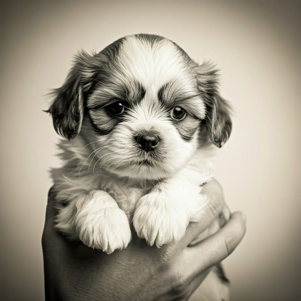 Fluffy Shih Tzu Puppy Portrait in Dreamy Black and White