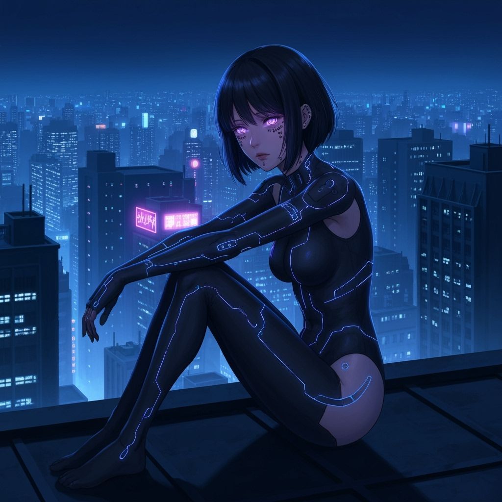 Anime Cyborg Over Cyberpunk City at Night
