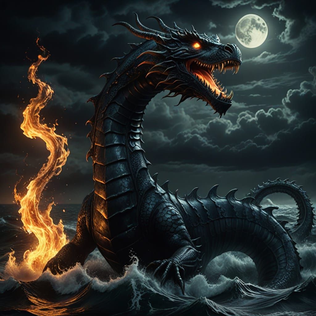 Grotesque Fire Serpent Rises from Dark Ocean
