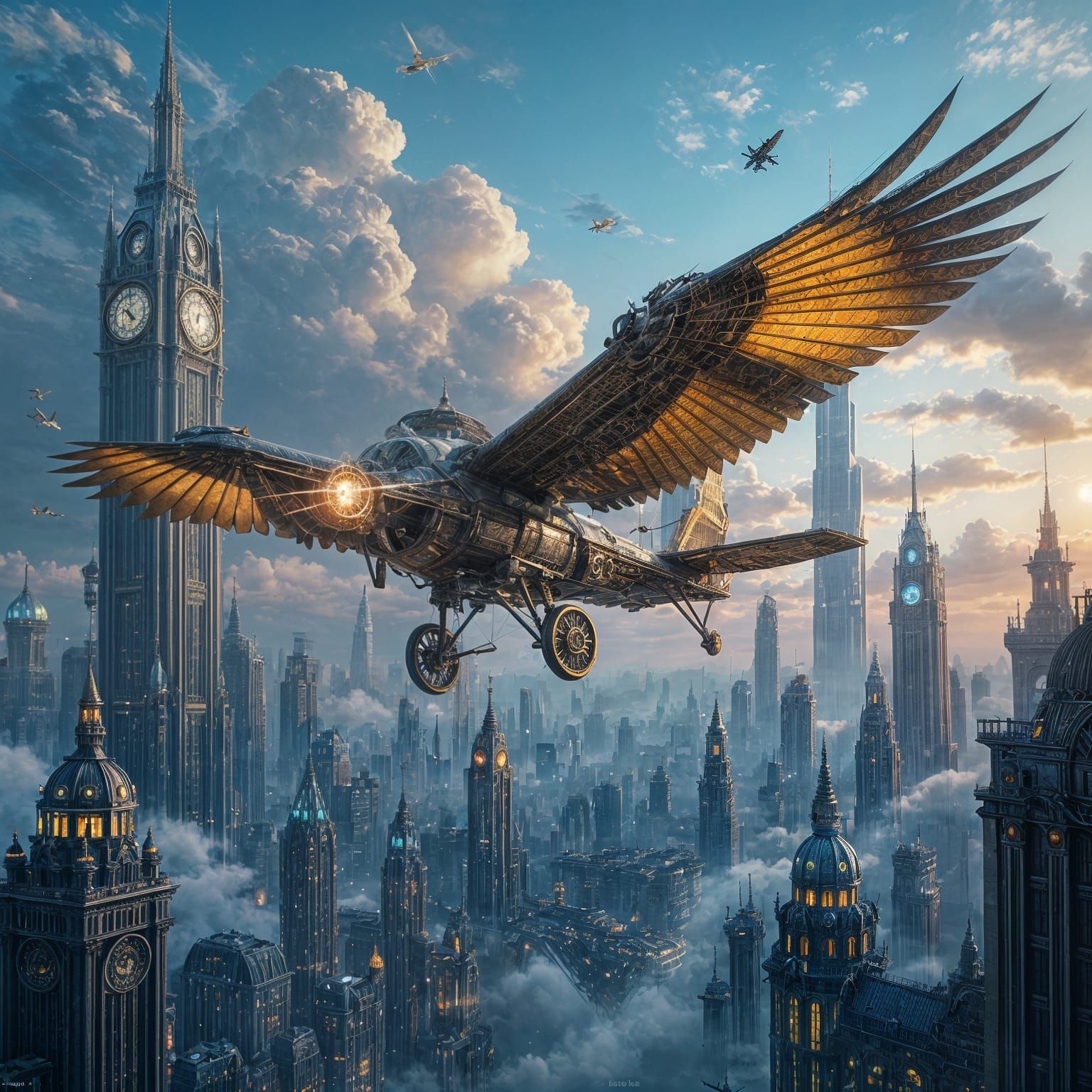 Steampunk Ornithopter Soaring Over Futuristic City