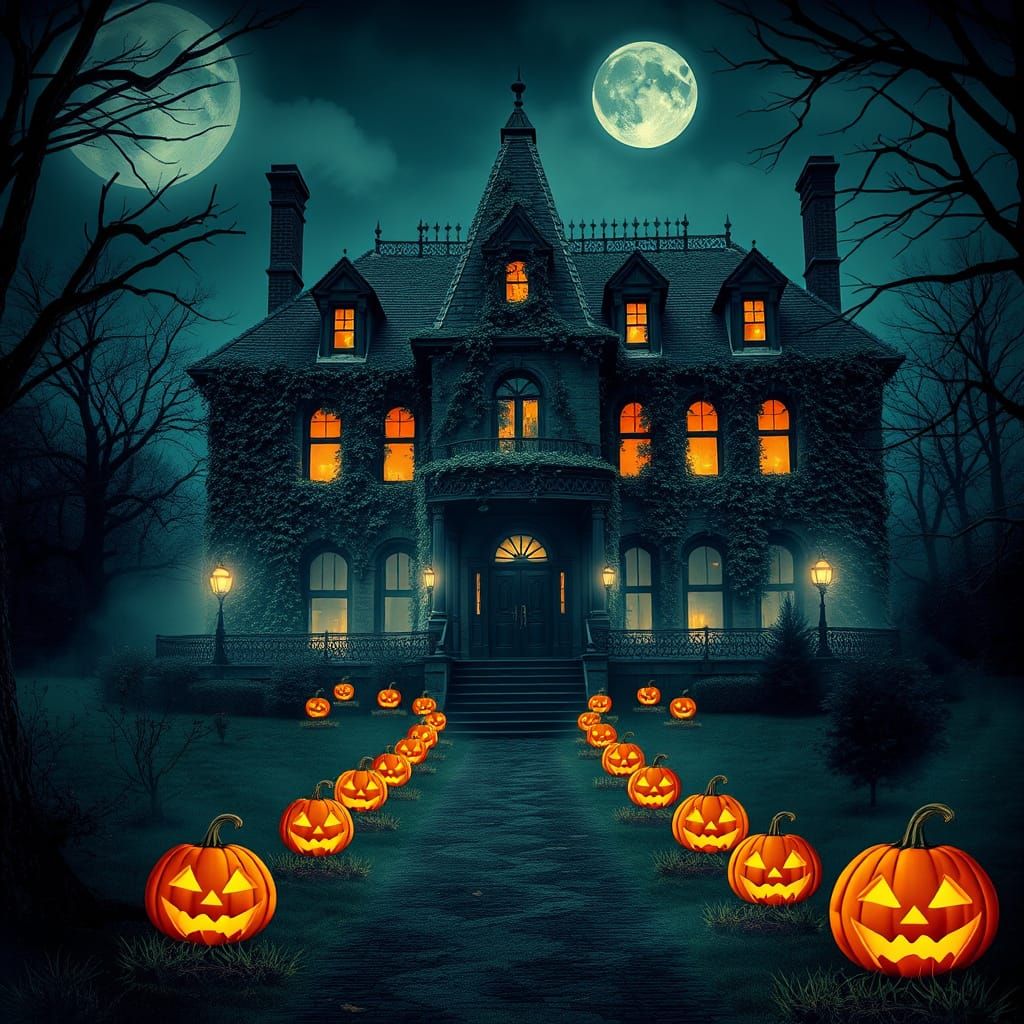 Ethereal Mansion Under Flickering Lanterns in Vintage Horror...