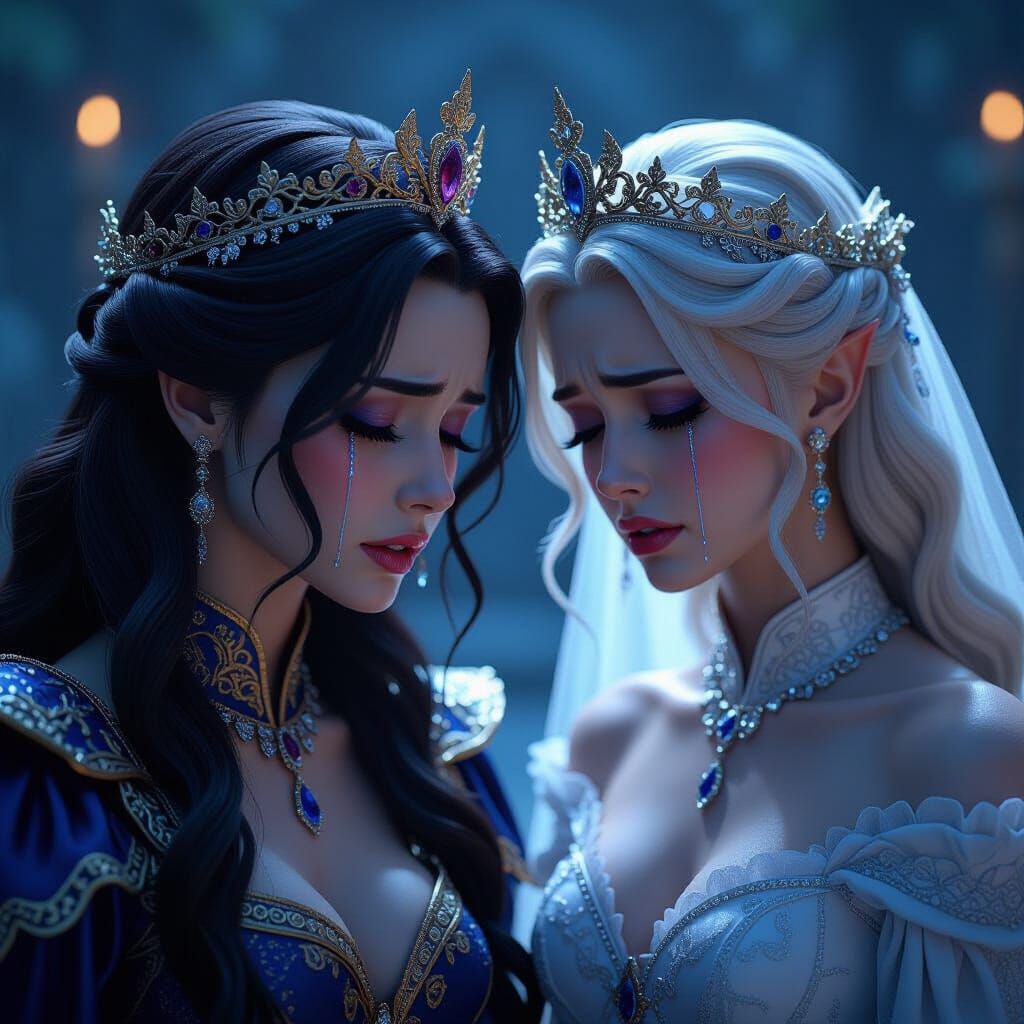 Sorrowful Demon and Angel Princesses in 3D Cinematic Style