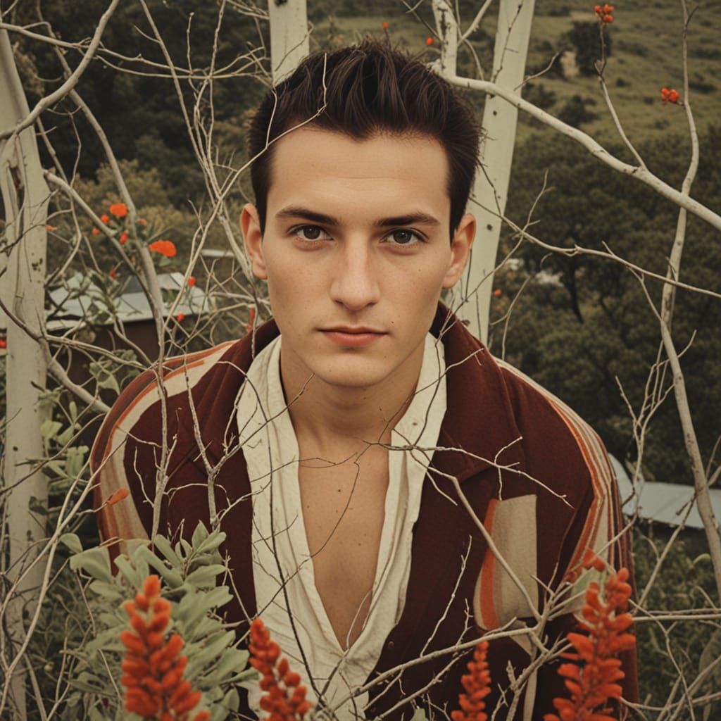 Collage Style Nature Landscape with House and Flowers