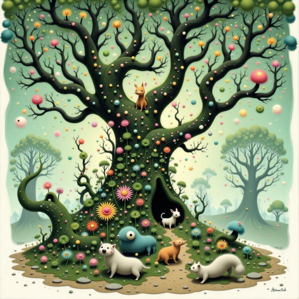 Fantastical Forest with Dancing Creatures in Whimsical Style