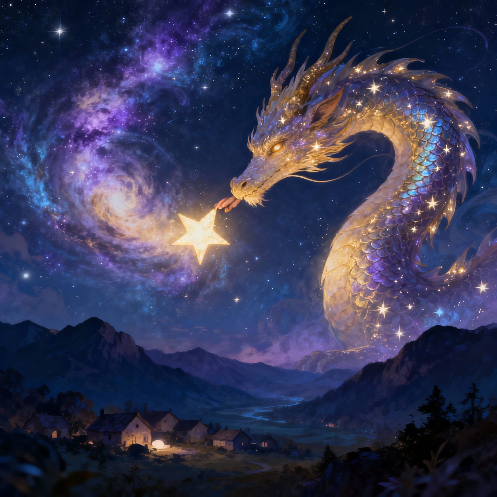 Ethereal Celestial Dragon Guides Fallen Star to Village