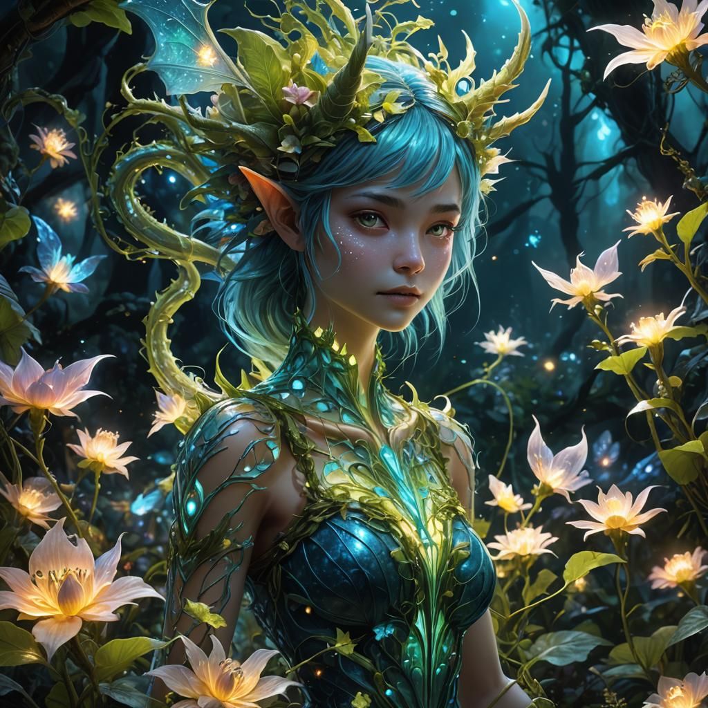 Bioluminescent Pixie Dragon in Alien Flower Garden
