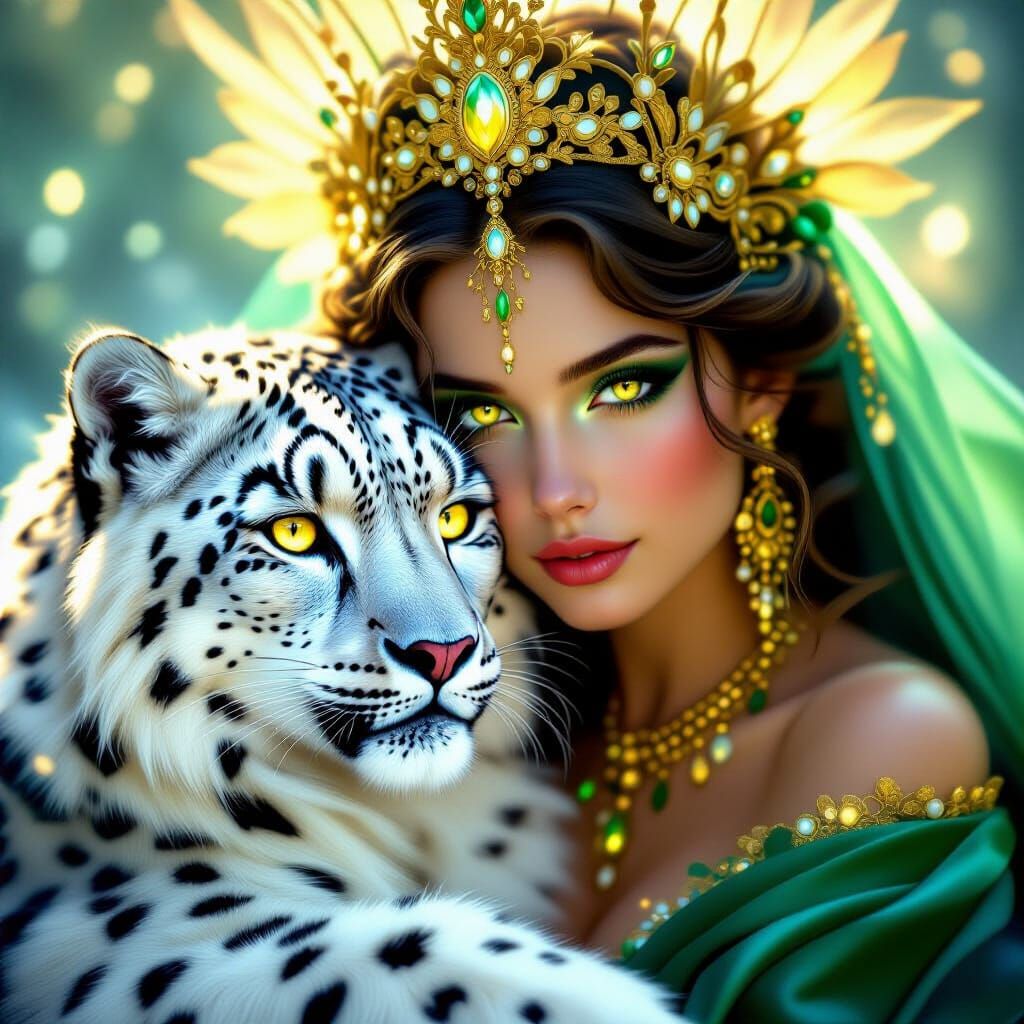 Mythical Snow Leopard Beside Woman in Gold Headdress